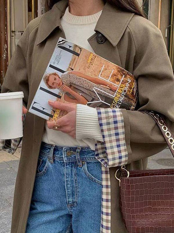 Long Sleeves Loose Buttoned Plaid Split-Joint Lapel Outerwear Trench Coats