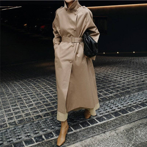 Long Sleeve Solid Color Tie-Waist Trench Coat